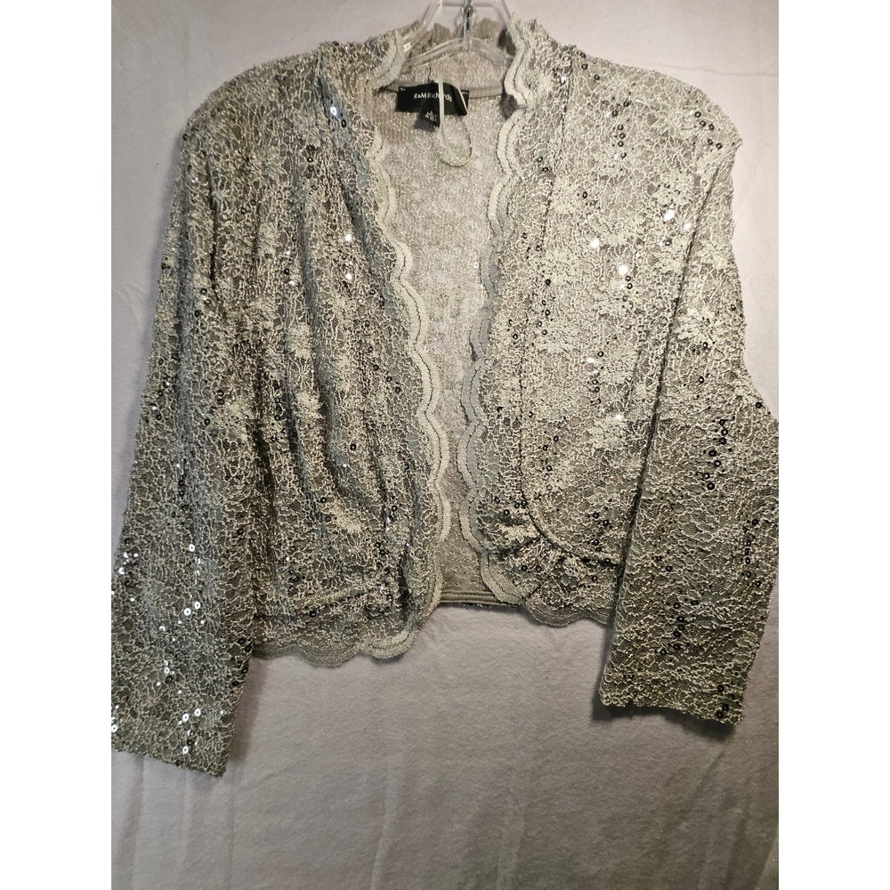 R&M Richards Silver Lace Sequin Shrug Bolero Jacket Formal Evening Wrap L